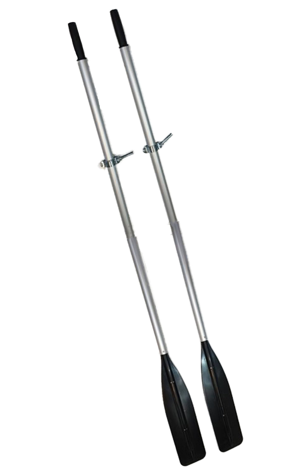 pair of aluminum oars with black paddles