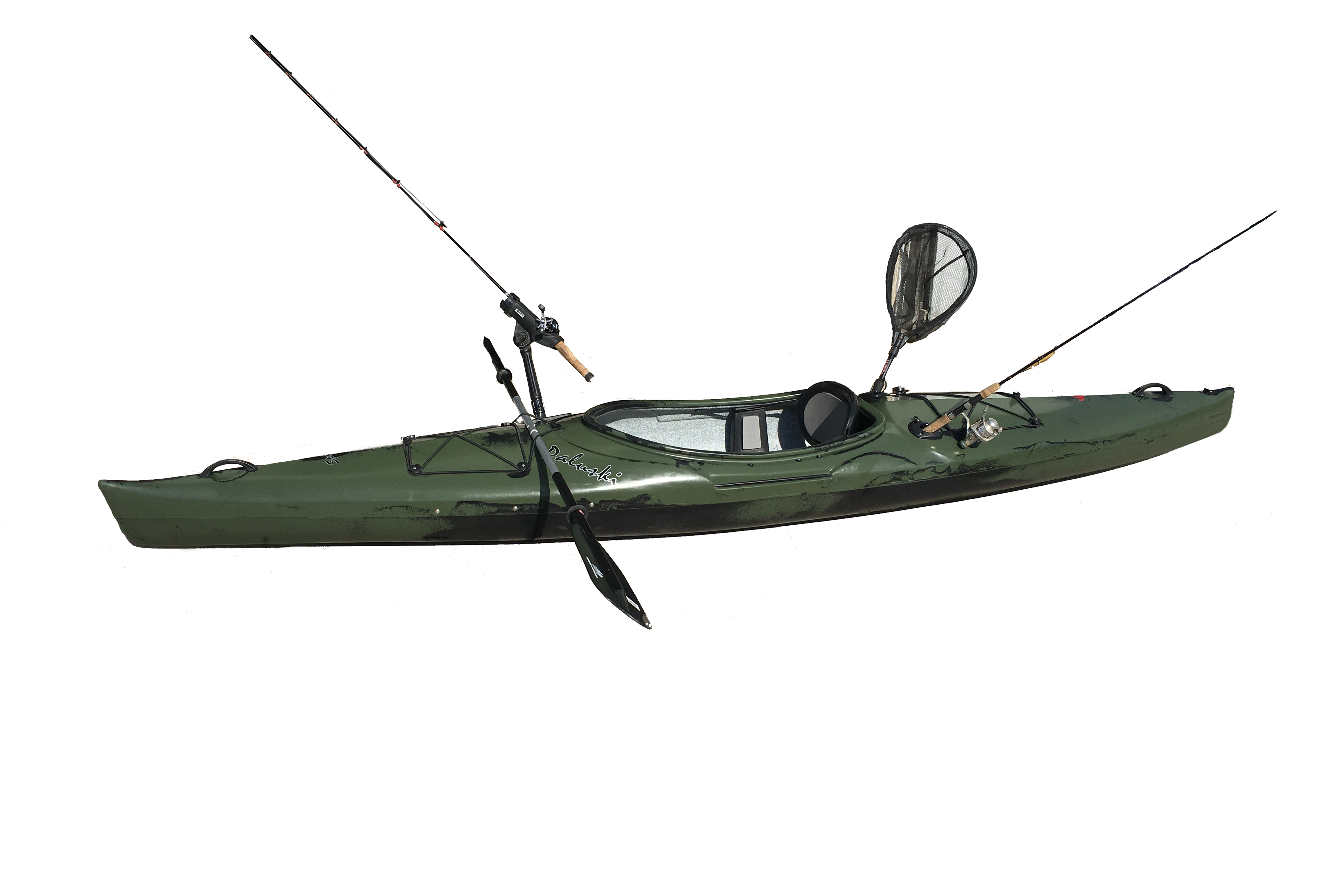 Green & black fishing kayak with fishing gear