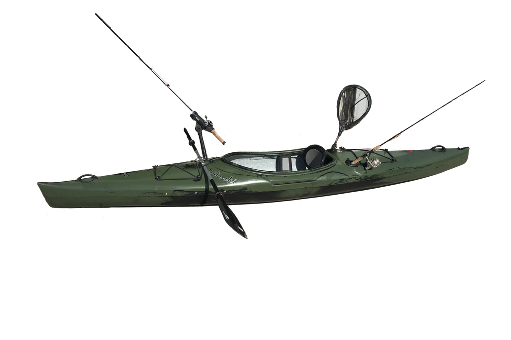 Green & black fishing kayak with fishing gear
