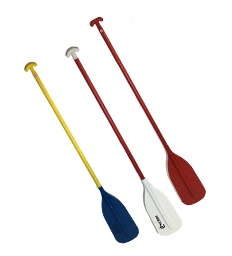 Three rafting paddles in blue, white, & red